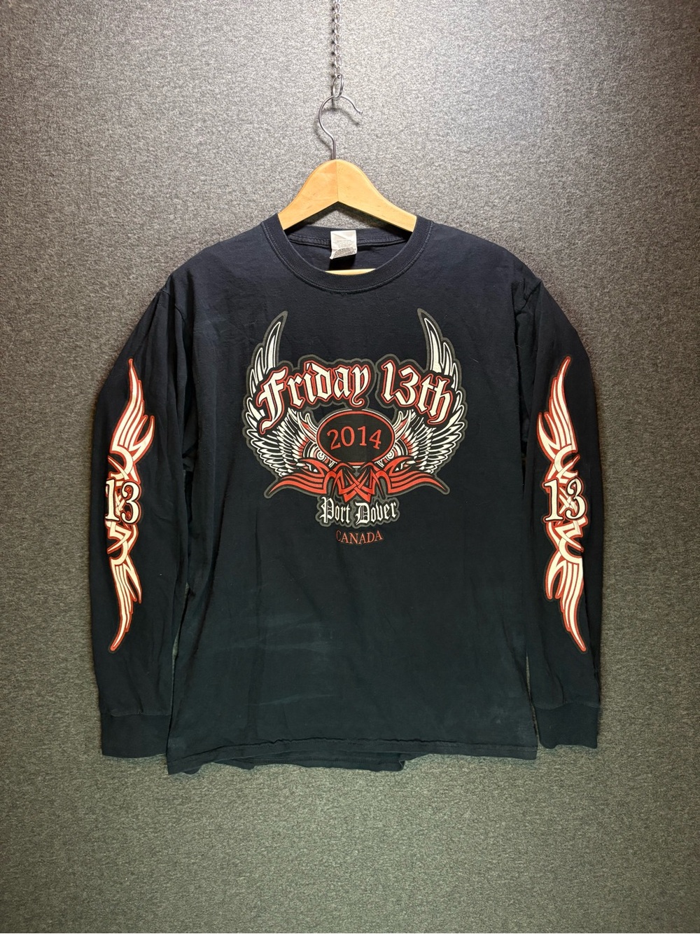 Official Port Dover Canada Friday 13th 2014 Biker Skull Long Sleeve Tee Large